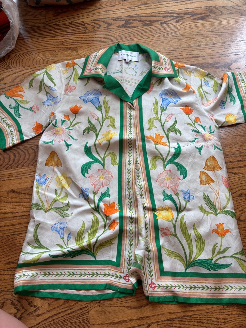 Green-Trim Floral Silk Button-Down Blouse